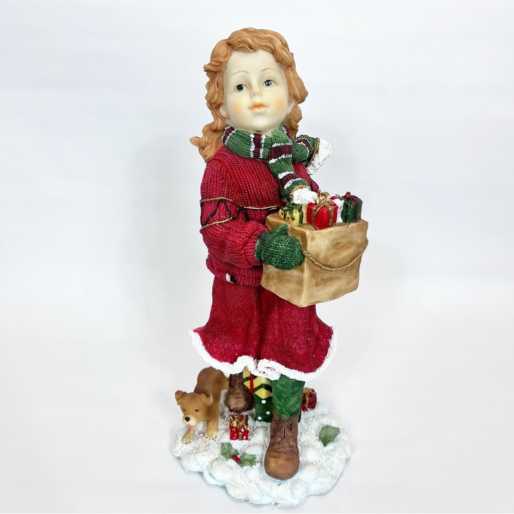 Direct International Christmas Holiday Figurine Girl Toys Dog Snow Resin 15”